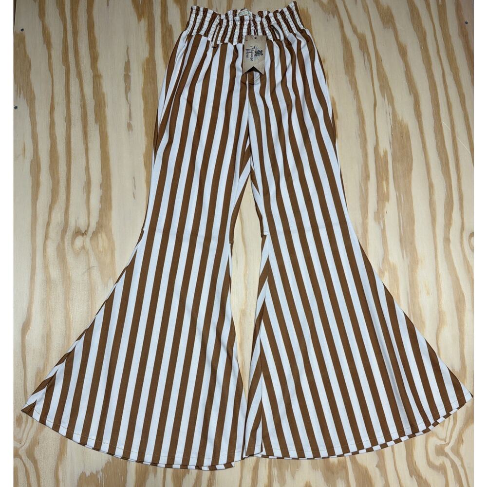 Turquoise Haven Women's Wide Boho Bell Bottom Pants Striped Brown White Medium